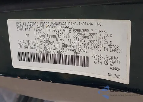 2003 Toyota Sequoia Limited V8 z USA, uszkodzony, nr VIN 5TDBT48AX3S160232